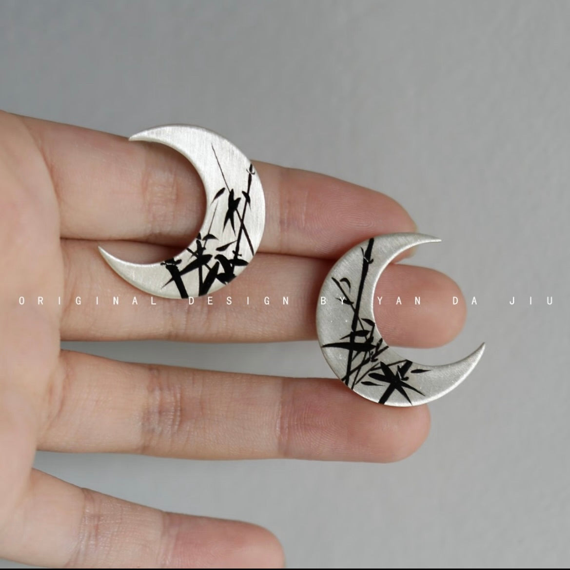 Lacquer Gold Silver Bamboo Leaves Crescent Earrings