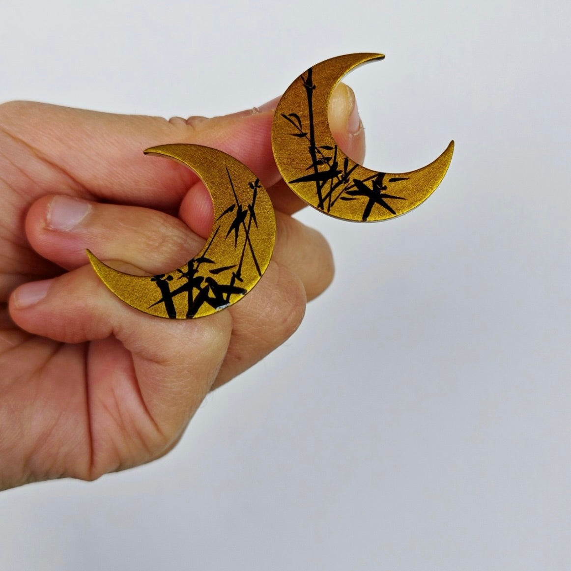 Lacquer Gold Silver Bamboo Leaves Crescent Earrings