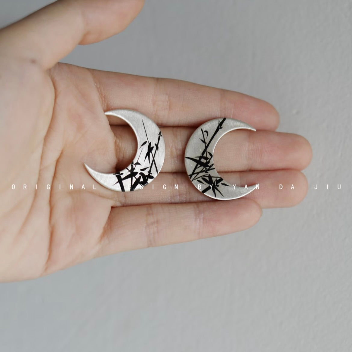 Lacquer Gold Silver Bamboo Leaves Crescent Earrings