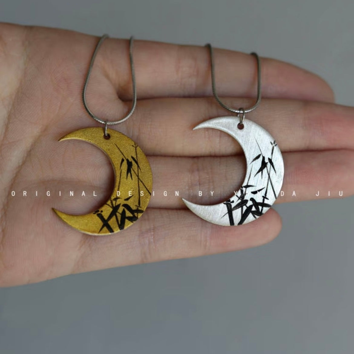 Lacquer Gold Silver Bamboo Leaves Crescent Pendant Necklace