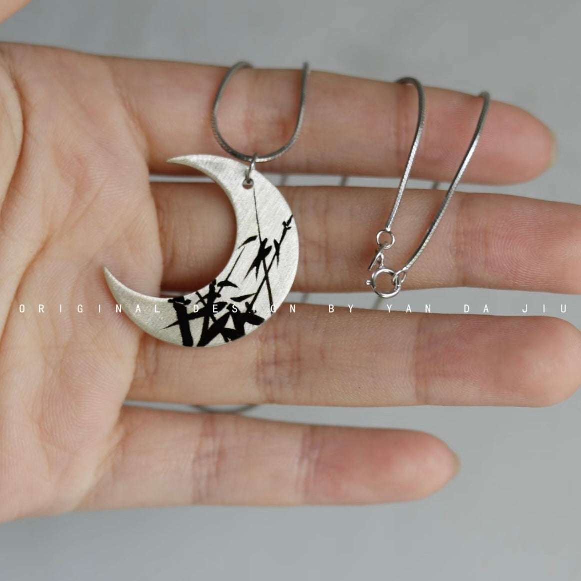 Lacquer Gold Silver Bamboo Leaves Crescent Pendant Necklace