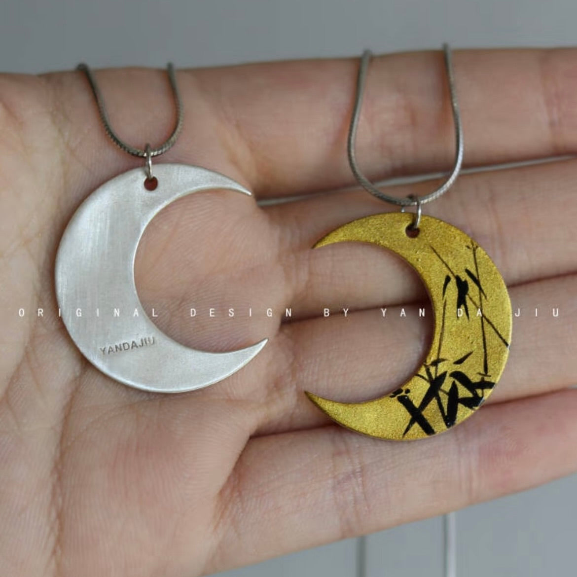 Lacquer Gold Silver Bamboo Leaves Crescent Pendant Necklace