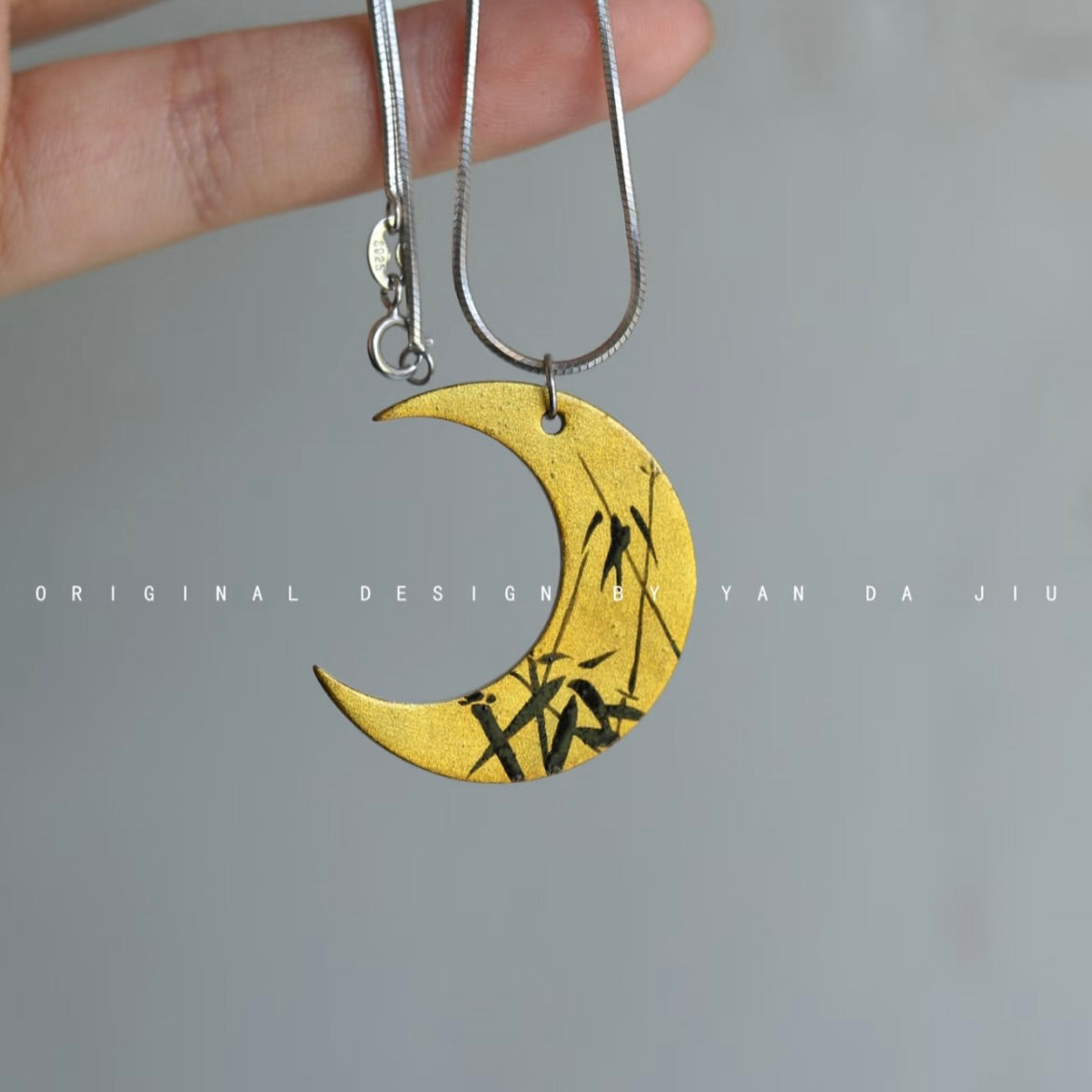 Lacquer Gold Silver Bamboo Leaves Crescent Pendant Necklace