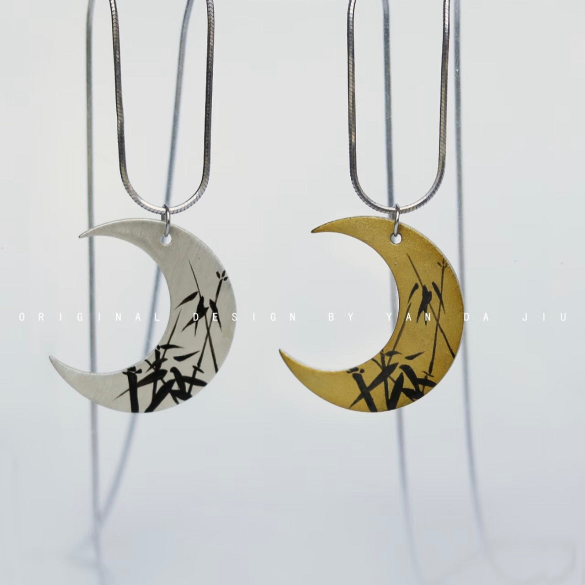 Lacquer Gold Silver Bamboo Leaves Crescent Pendant Necklace