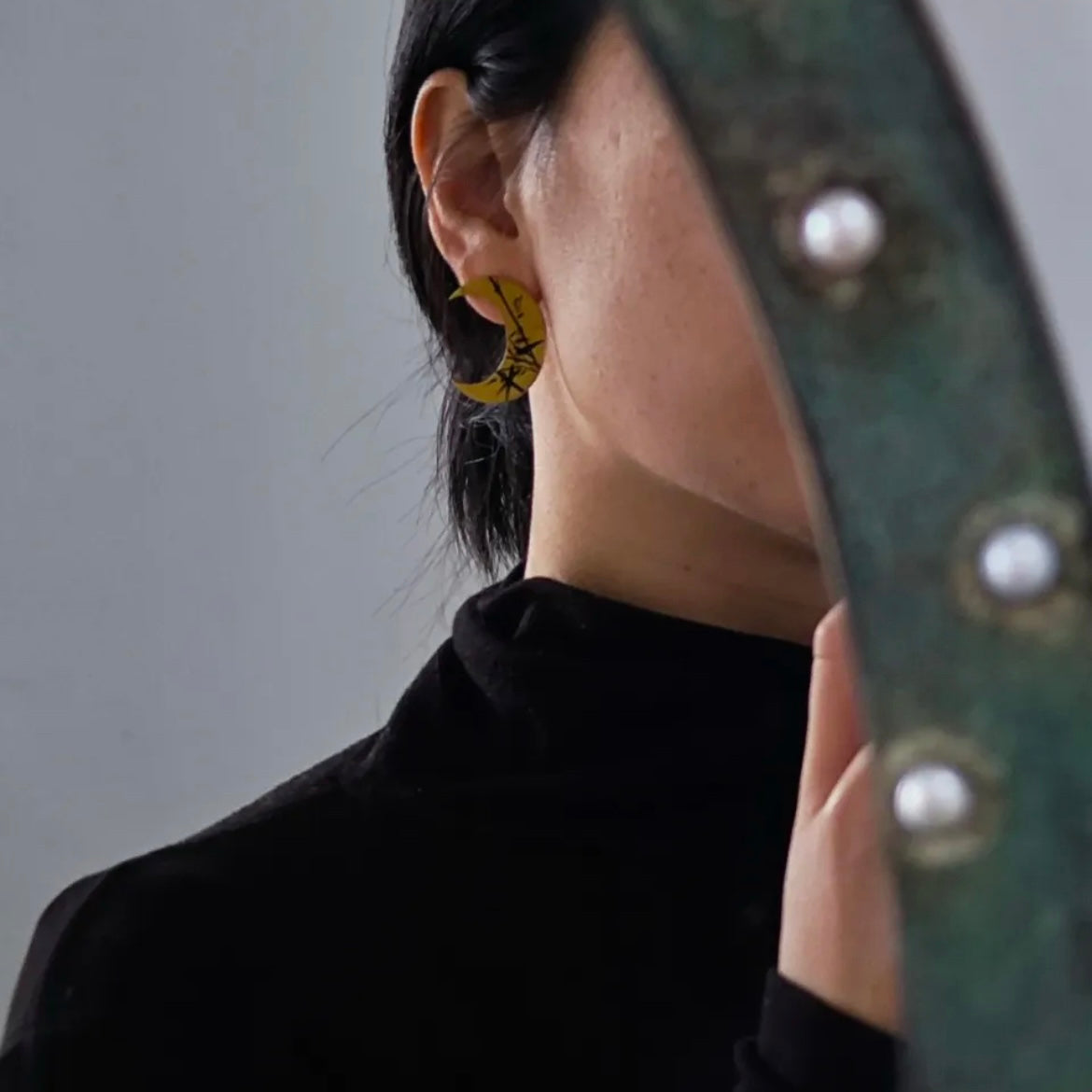 Lacquer Gold Silver Bamboo Leaves Crescent Earrings