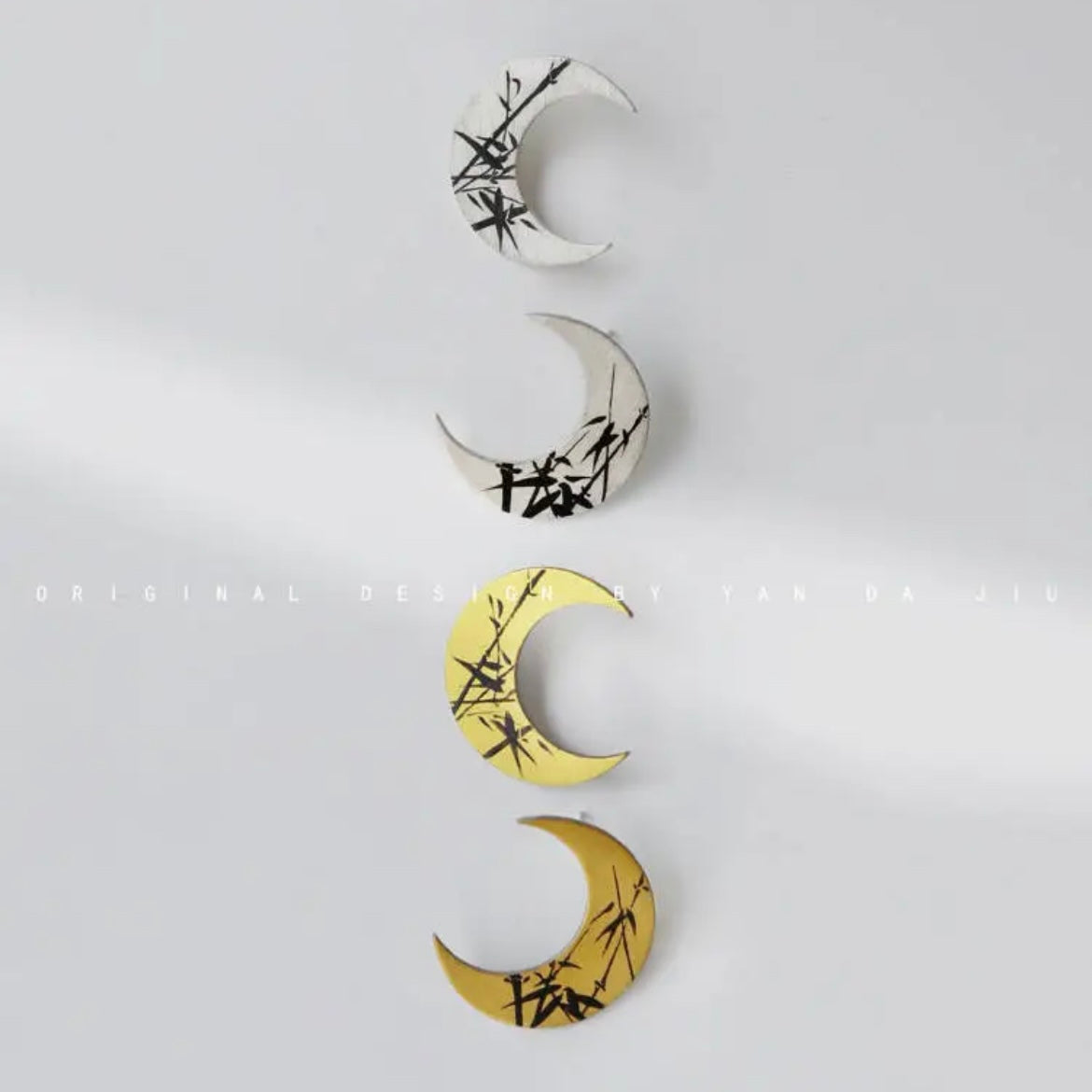 Lacquer Gold Silver Bamboo Leaves Crescent Earrings