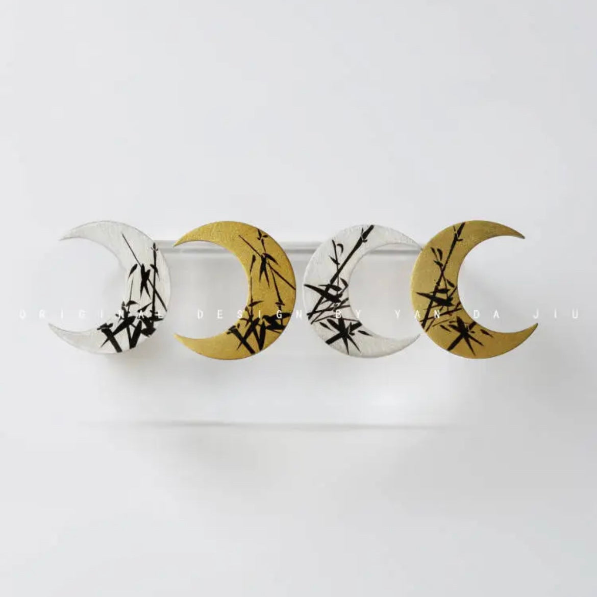 Lacquer Gold Silver Bamboo Leaves Crescent Earrings