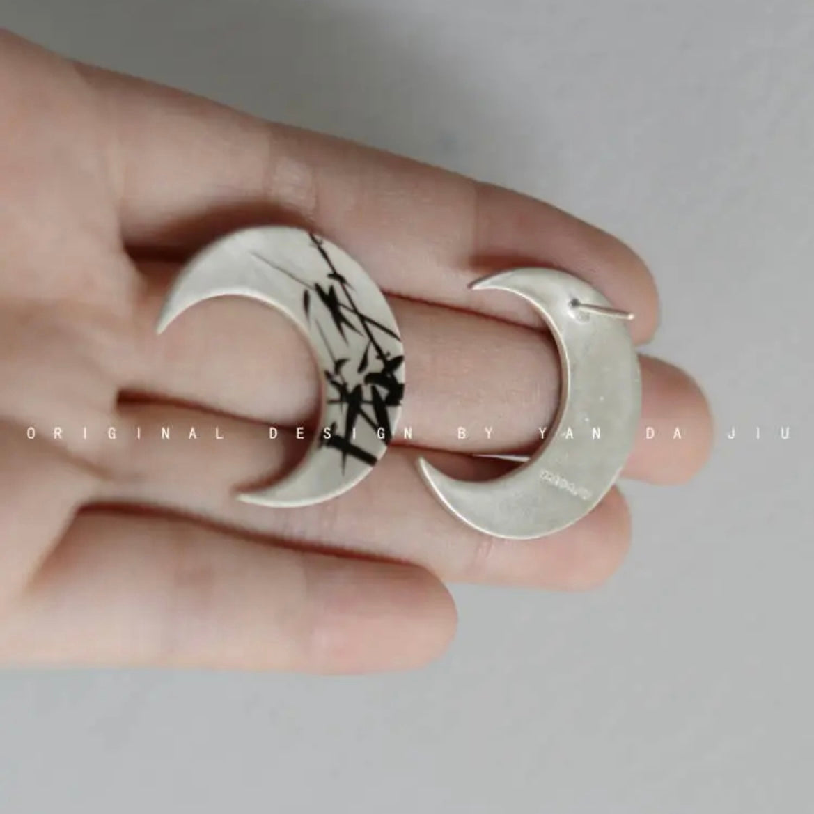 Lacquer Gold Silver Bamboo Leaves Crescent Earrings