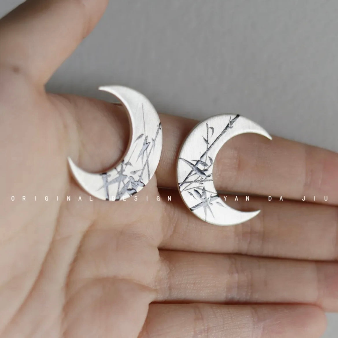 Lacquer Gold Silver Bamboo Leaves Crescent Earrings