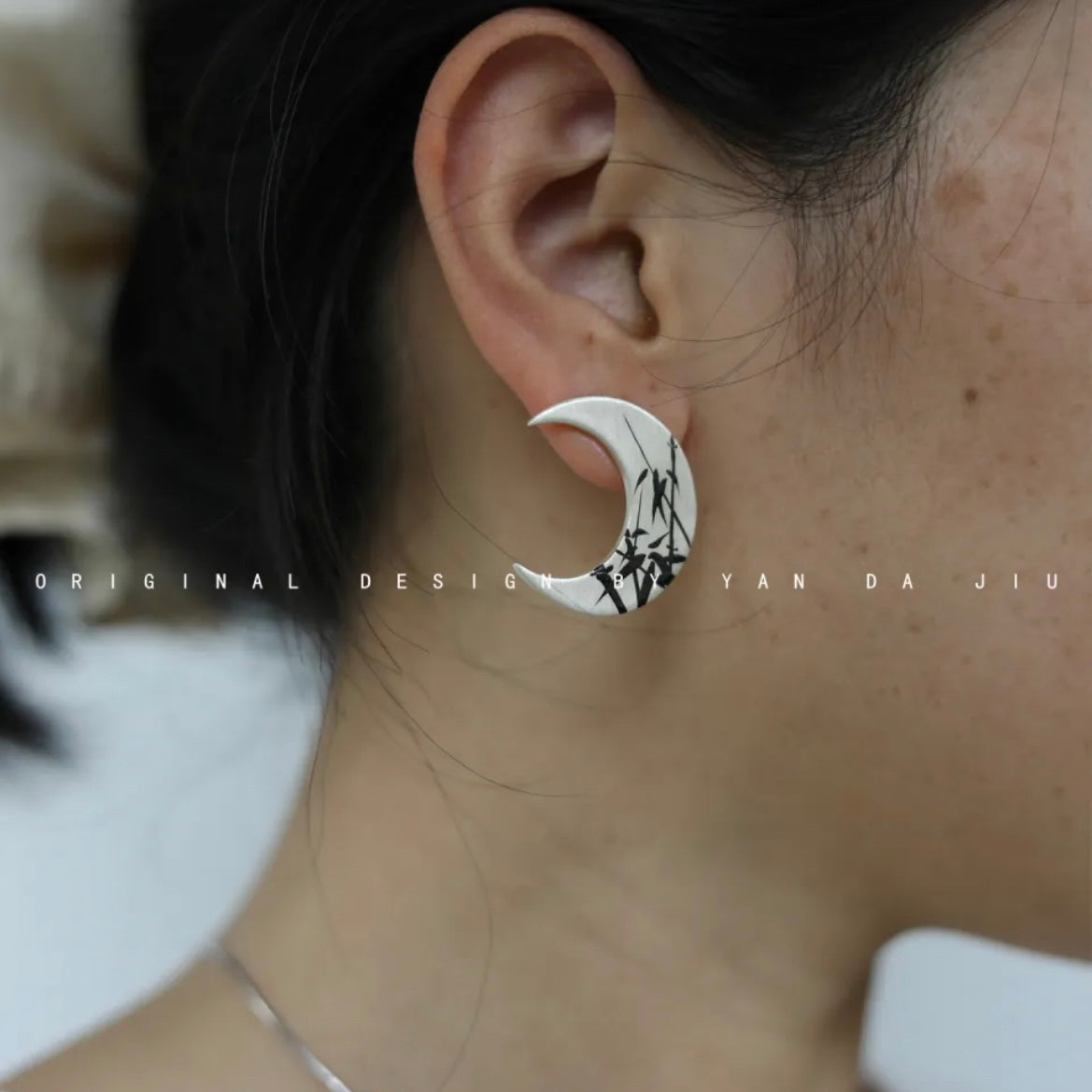 Lacquer Gold Silver Bamboo Leaves Crescent Earrings
