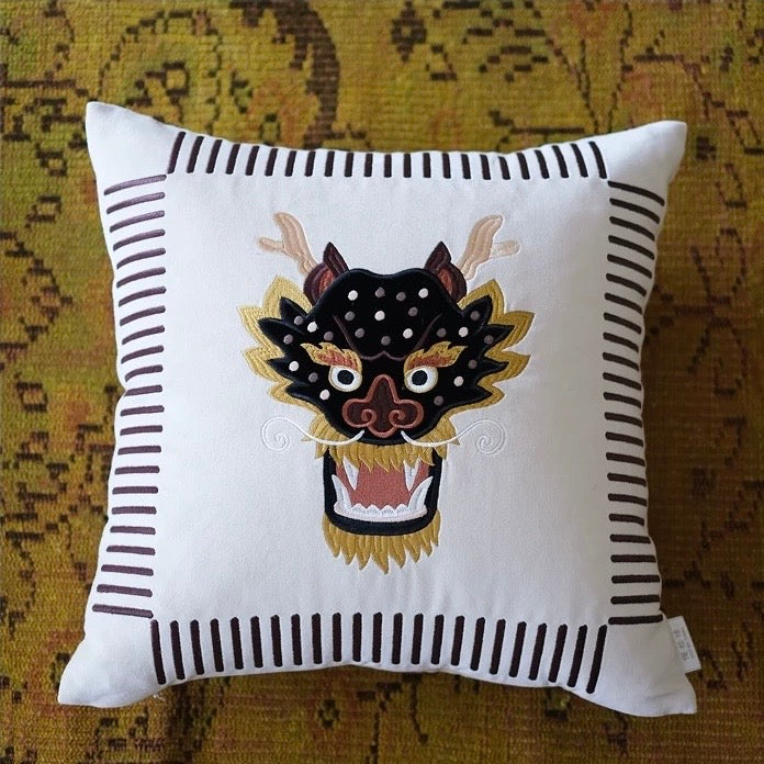 Beige Dragon Cotton Velvet Cushion Cover