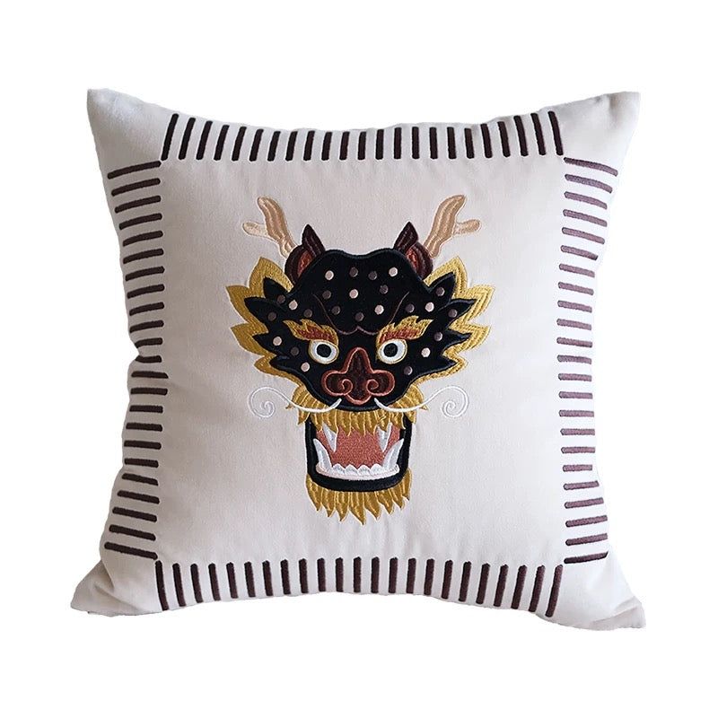 Beige Dragon Cotton Velvet Cushion Cover
