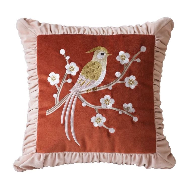 Ruffle Bird Red Cotton Velvet Cushion Cover