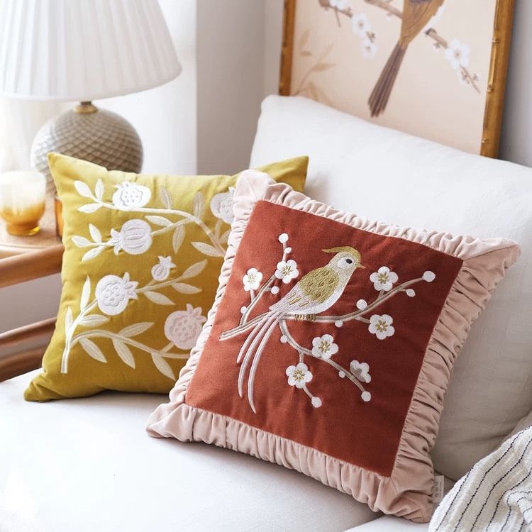 Ruffle Bird Red Cotton Velvet Cushion Cover