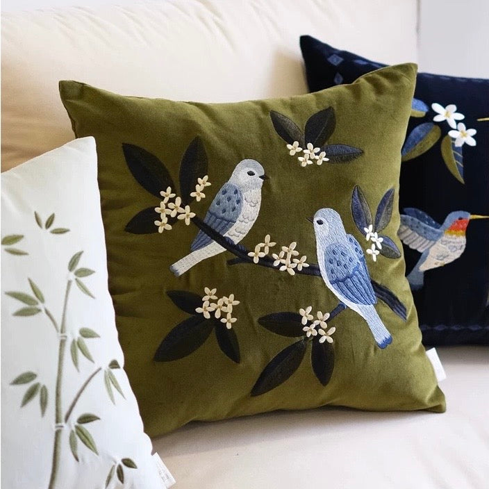 Birds On Devilwood Cotton Velvet Cushion Cover