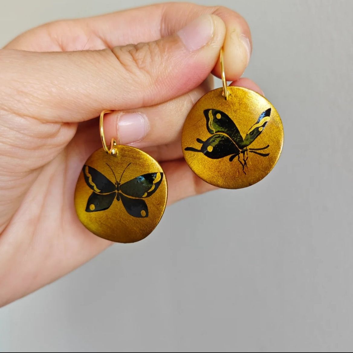 Black Lacquer Butterfly Gold Earrings