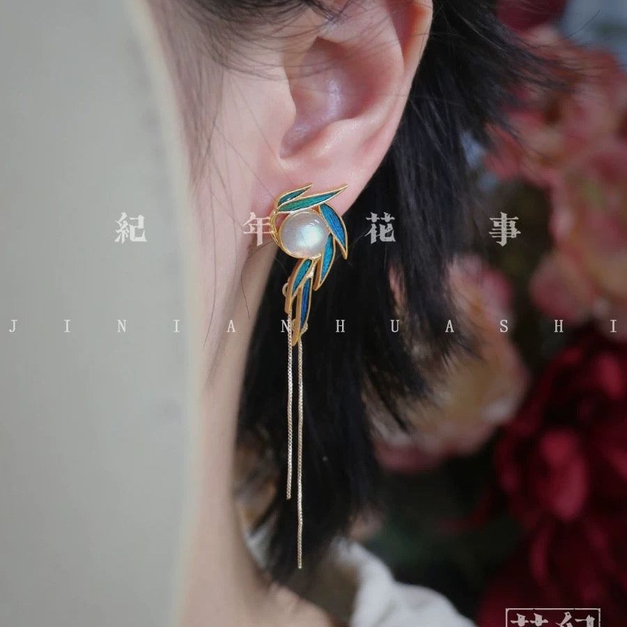 Peacock Feather Bamboo Leaf Earrings
