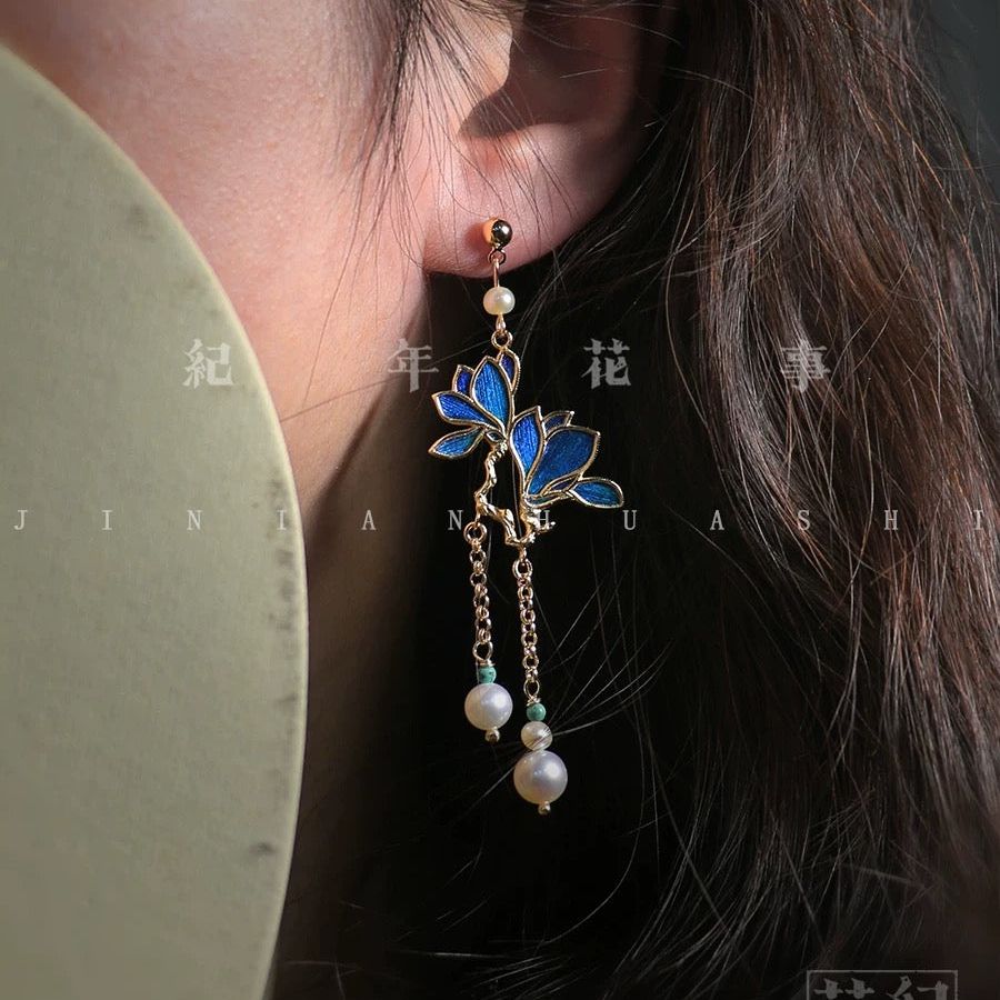 Peacock Feather Magnolia Blossom Earrings