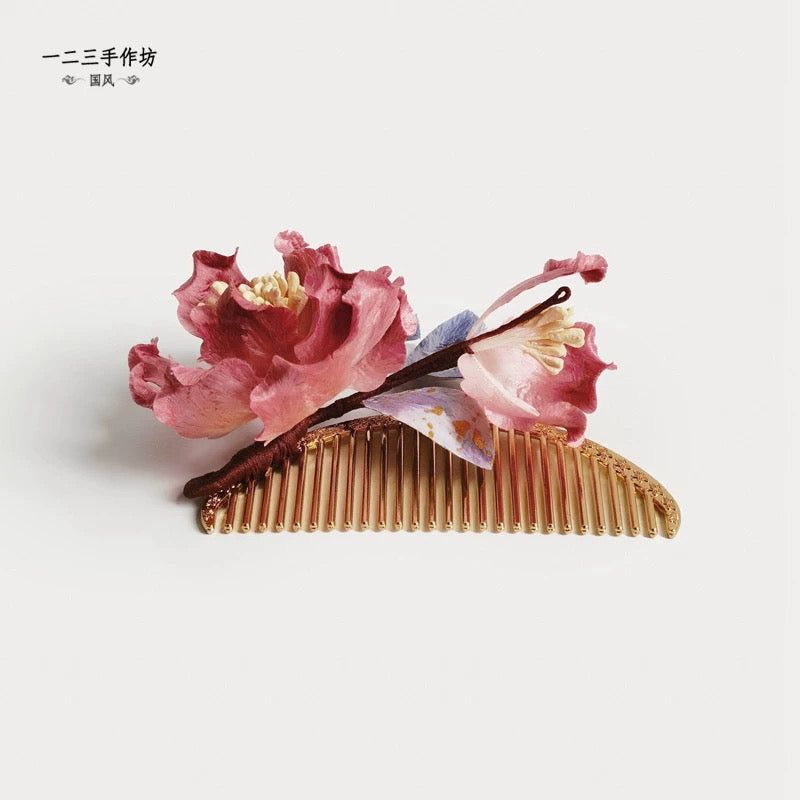 Red Peony Silk Velvet Flower Hair Comb