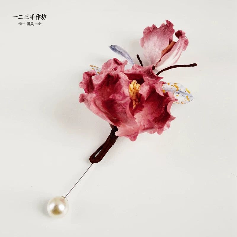 Red Peony Silk Velvet Flower Brooch