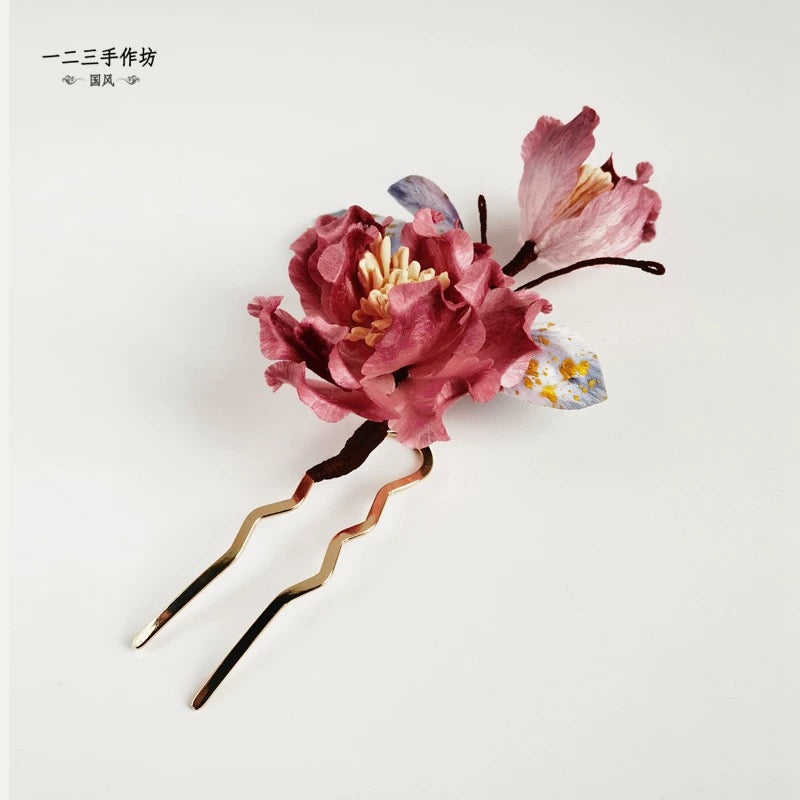 Red Peony Silk Velvet Flower Hairpin