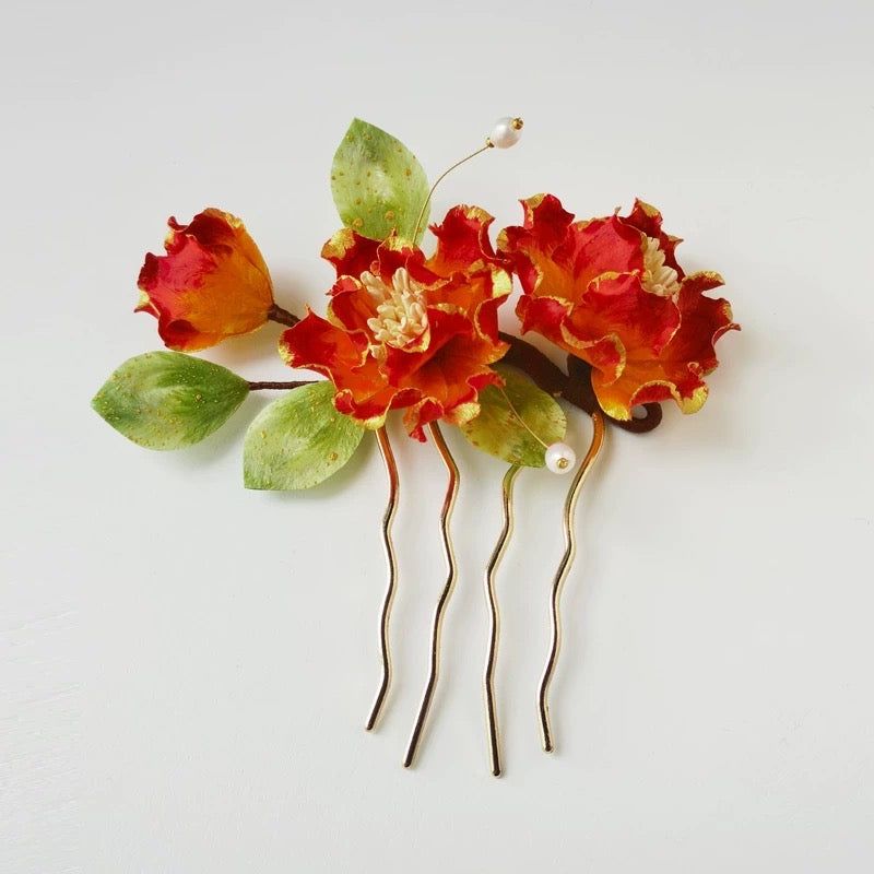 Red Camellia Silk Velvet Flower Double Hairpin
