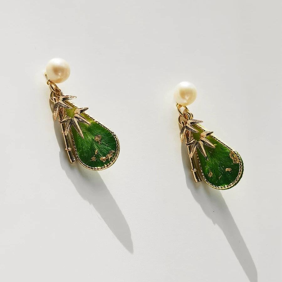 Green Silk Velvet Flower Freshwater Pearl Earrings