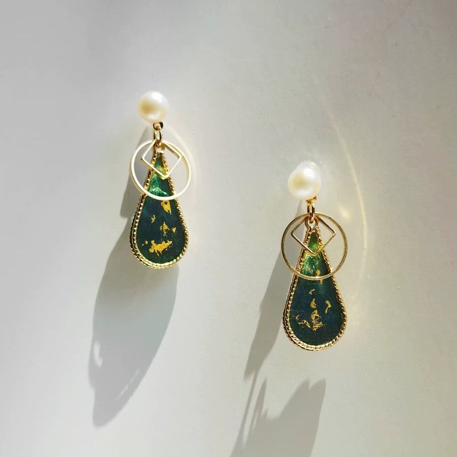 Green Silk Velvet Flower Freshwater Pearl Earrings