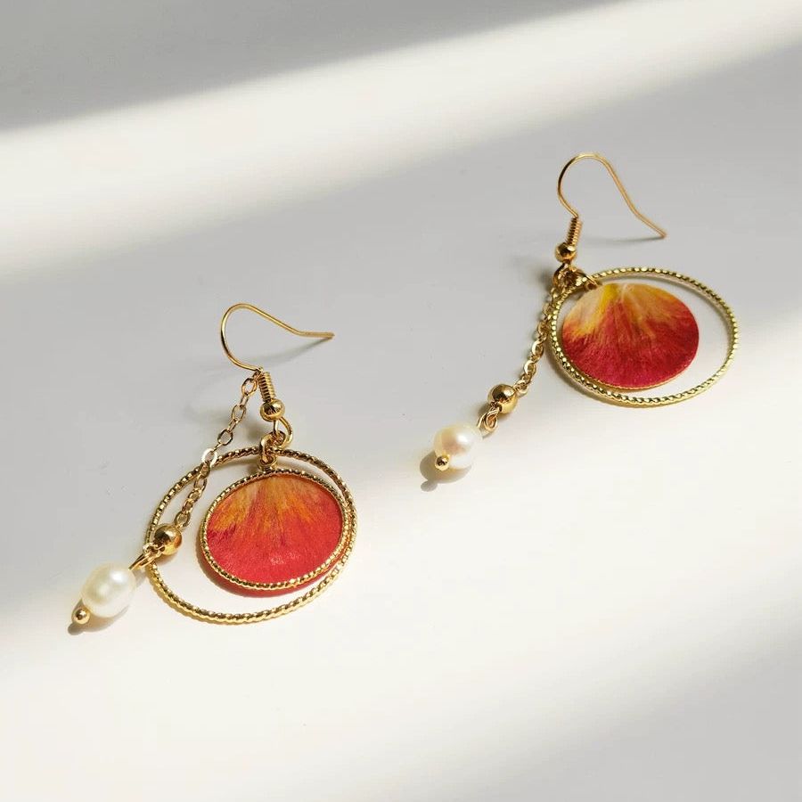 Red Silk Velvet Flower Freshwater Pearl Earrings