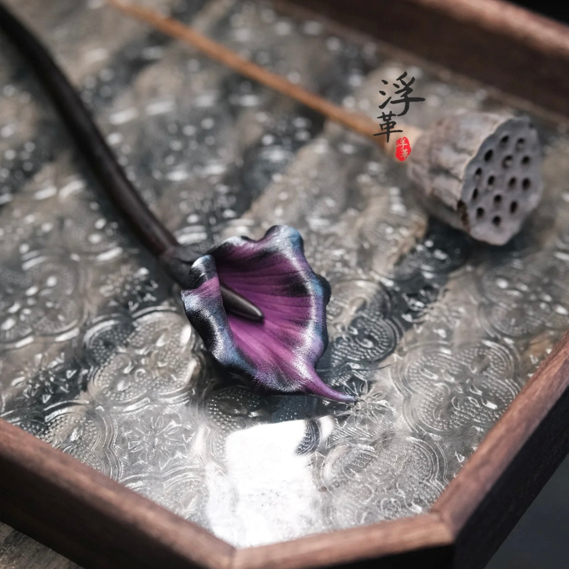 Black Calla Lily Leather and Ebony Wood Hairpin