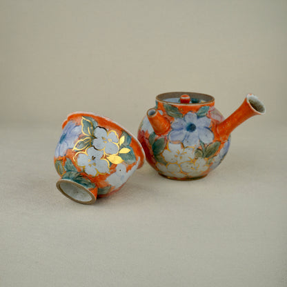 Warm Orange Floral Golden Teapot Set
