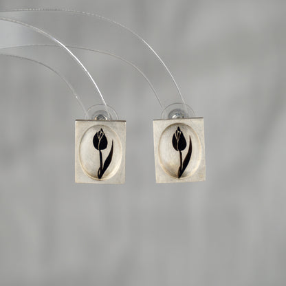 Lacquer Black Tulip Silver Stud Earrings