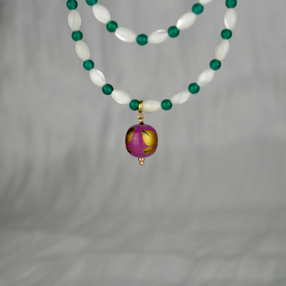 Lacquer Green Agate Shell Golden Butterfly Bead Purple Necklace
