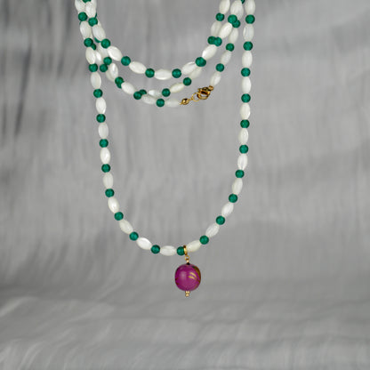 Lacquer Green Agate Shell Golden Butterfly Bead Purple Necklace