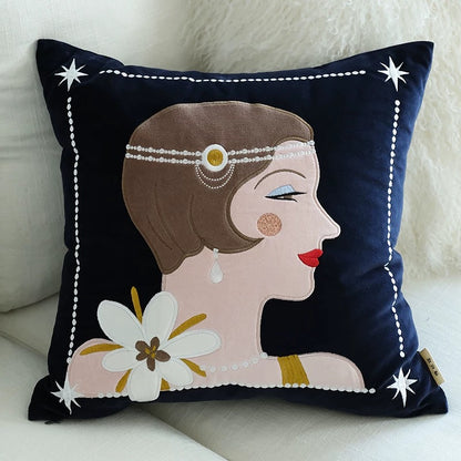 Lady Green Black Cotton Velvet Cushion Cover