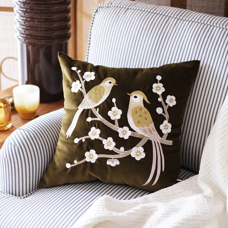 Birds Plum Blossom Olive Green Cotton Velvet Cushion Cover