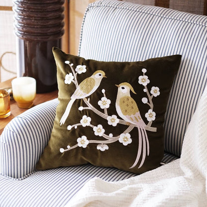 Birds Plum Blossom Olive Green Cotton Velvet Cushion Cover