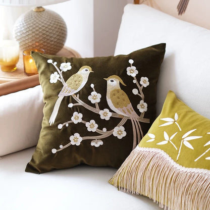 Birds Plum Blossom Olive Green Cotton Velvet Cushion Cover