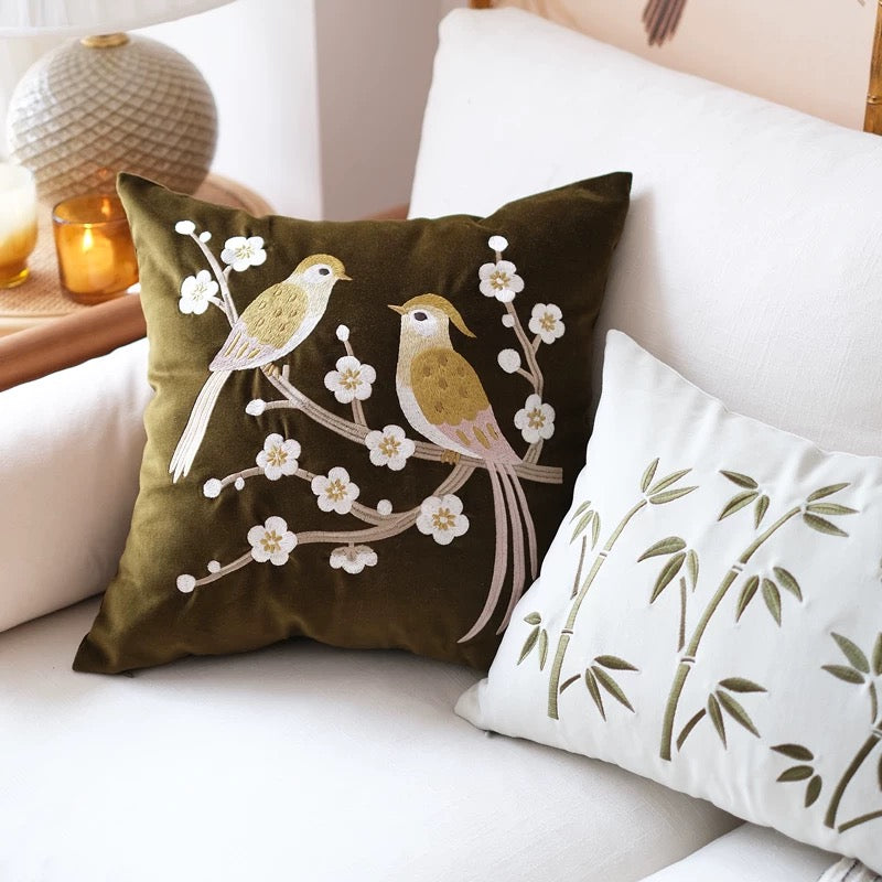 Birds Plum Blossom Olive Green Cotton Velvet Cushion Cover