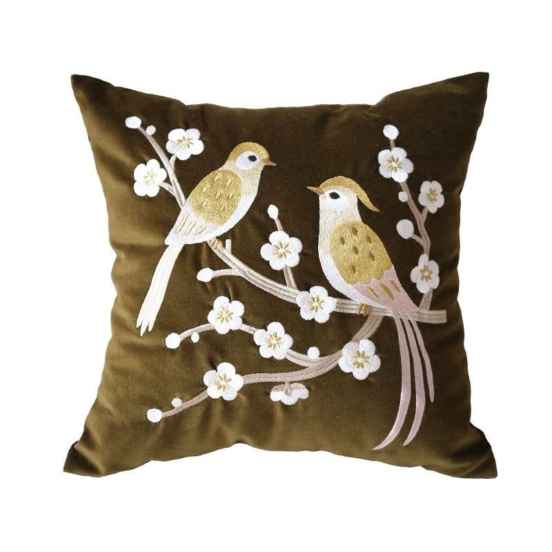 Birds Plum Blossom Olive Green Cotton Velvet Cushion Cover