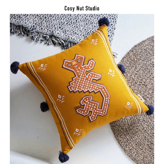 Inca Motif Decorative Ginger Yellow Cotton Cushion Cover