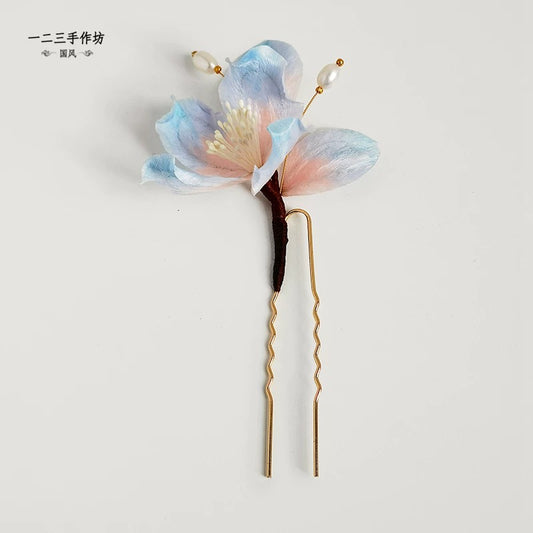 Pastel Blue Soft Pink Cherry Blossom Silk Velvet Flower Hairpin
