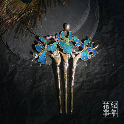 Peacock Feather Iris Blossom Hairpin