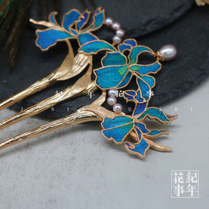 Peacock Feather Iris Blossom Hairpin