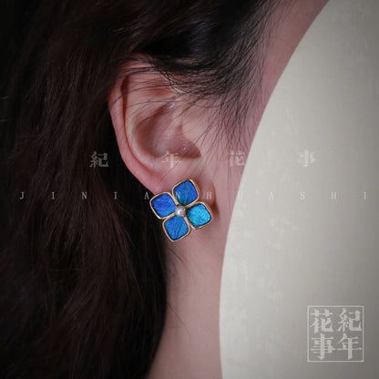 Peacock Feather Hydrangea Blossom Earrings