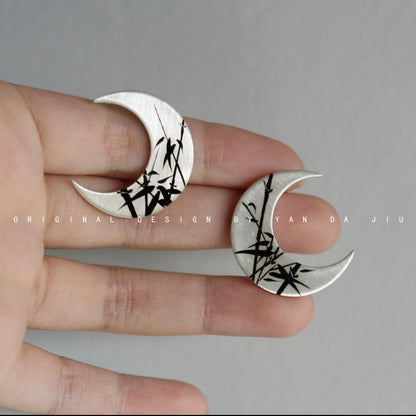 Lacquer Gold Silver Bamboo Leaves Crescent Earrings