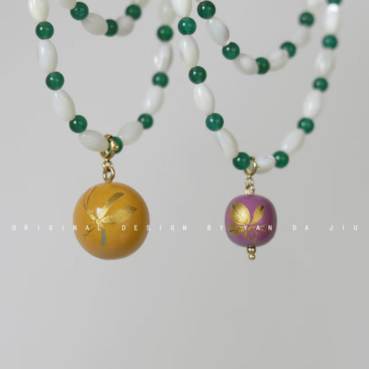 Lacquer Green Agate Shell Golden Butterfly Bead Purple Necklace