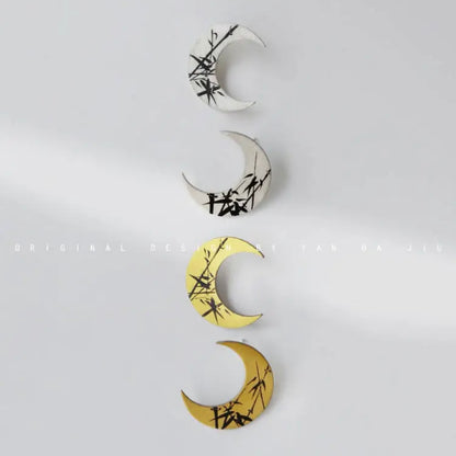 Lacquer Gold Silver Bamboo Leaves Crescent Earrings