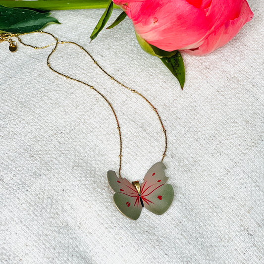 Lacquer Butterfly Green Pink Necklace