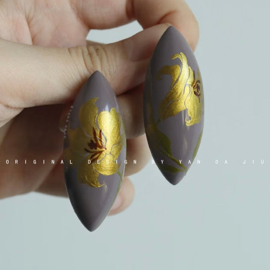 Lacquer Purple Gold Lily Blossom Earrings